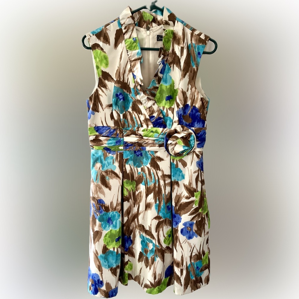 Jessica Howard Fit & Flare Floral Blue White Sleeveless Ruffle Dress Size 10P